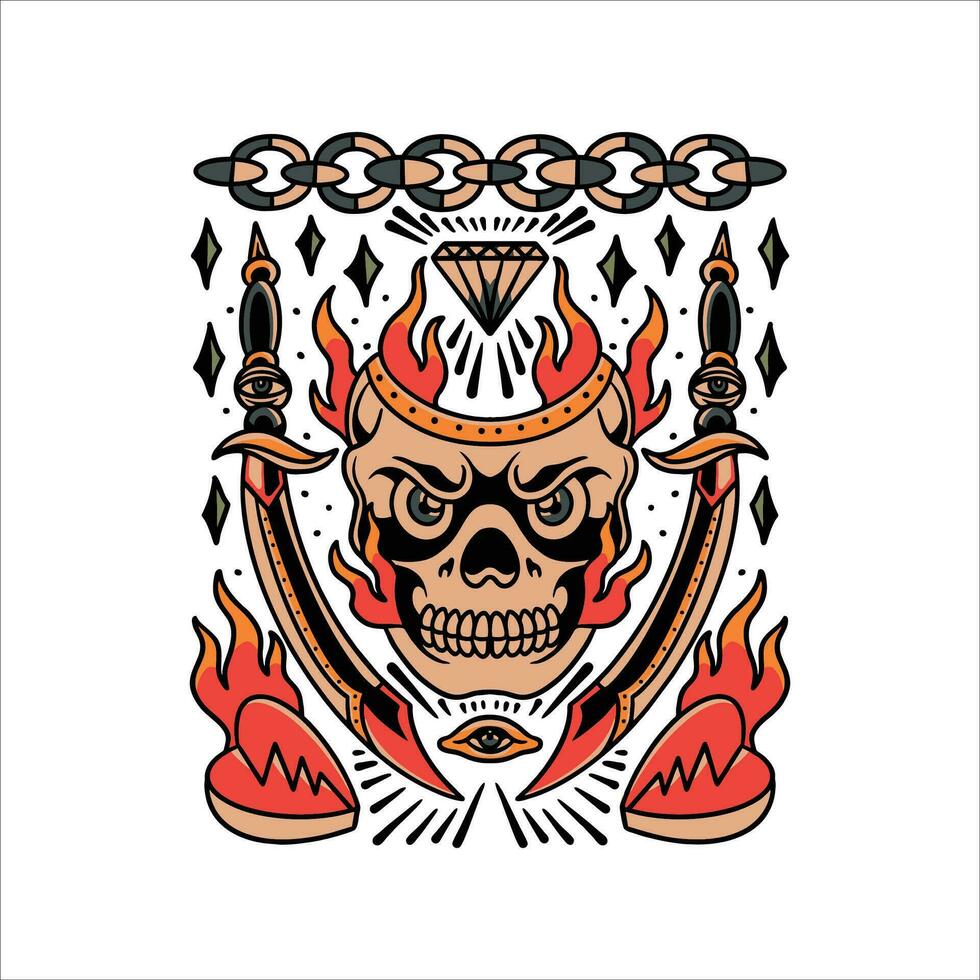 burning skull tattoo vector design