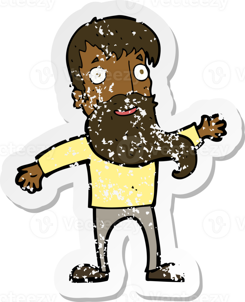 retro distressed sticker of a cartoon man with beard waving png