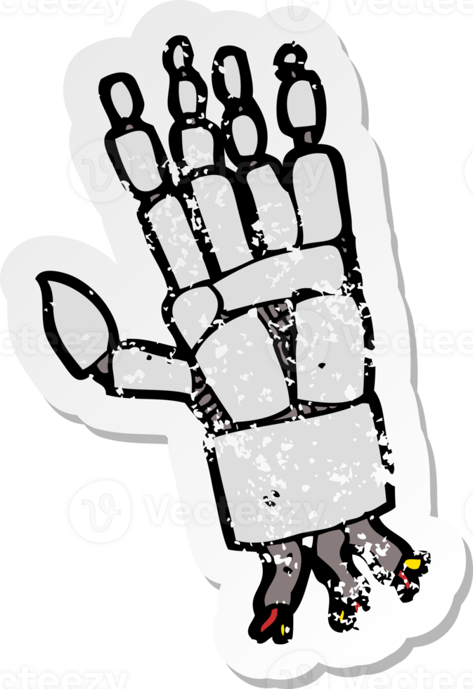 retro distressed sticker of a cartoon robot hand png