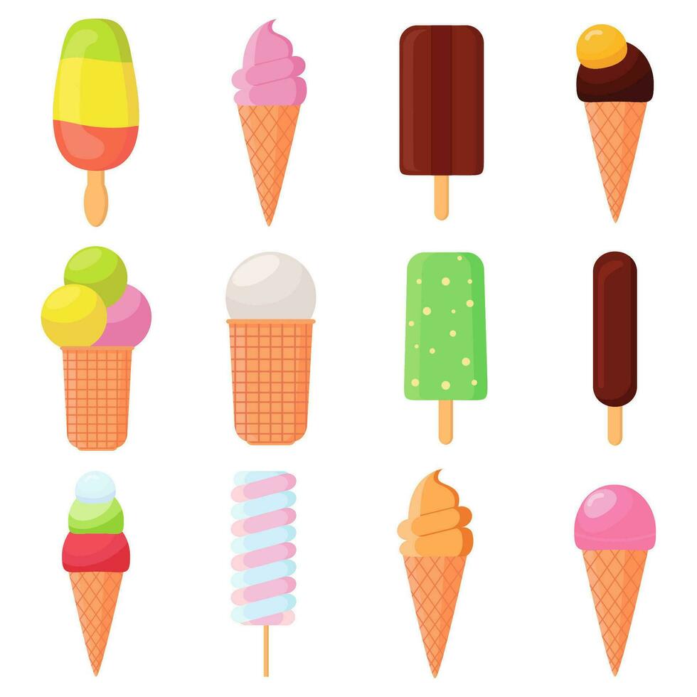 Tasty colorful ice cream set on white background. Collection ice-cream cones and popsicle. Soft, sweet frozen food on a stick, made from dairy products. Chocolate and vanilla ice cream dessert vector