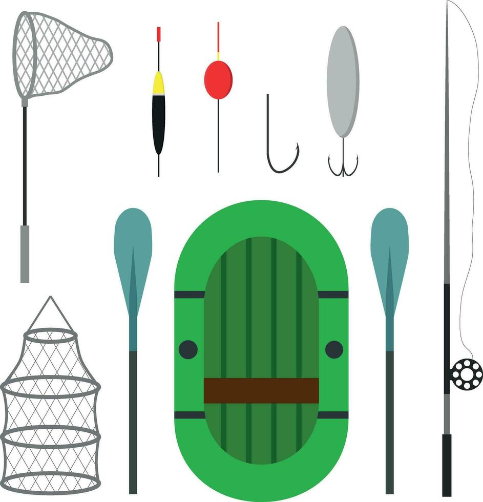 Differeent fishing equipment icons isolated on white background. Fishing boat, equipment, landing net and spinning. Vector illustration