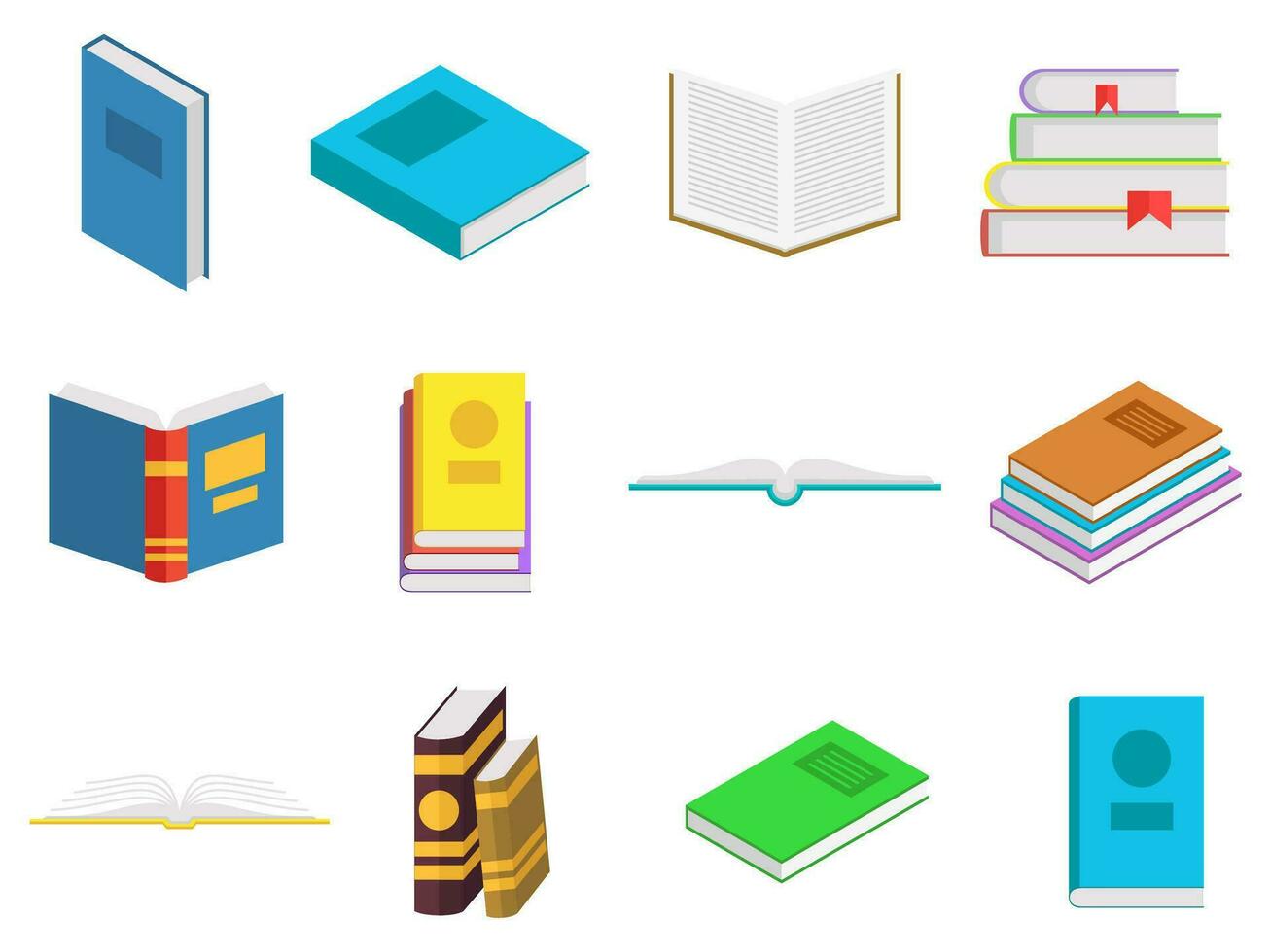 Colored books icons set in flat design style. Books in a stack, open, in a group, closed. Reading, learn and receive education through books. Vector illustration