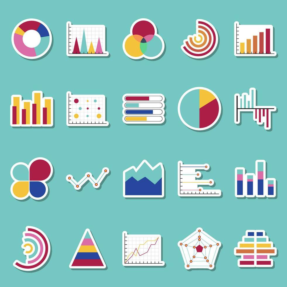 Business data graphs stickers icons. Financial and marketing charts stickers. Market elements dot bar pie charts diagrams and graphs. Business infographic flow sheet diagram. Flat icons set isolated. vector