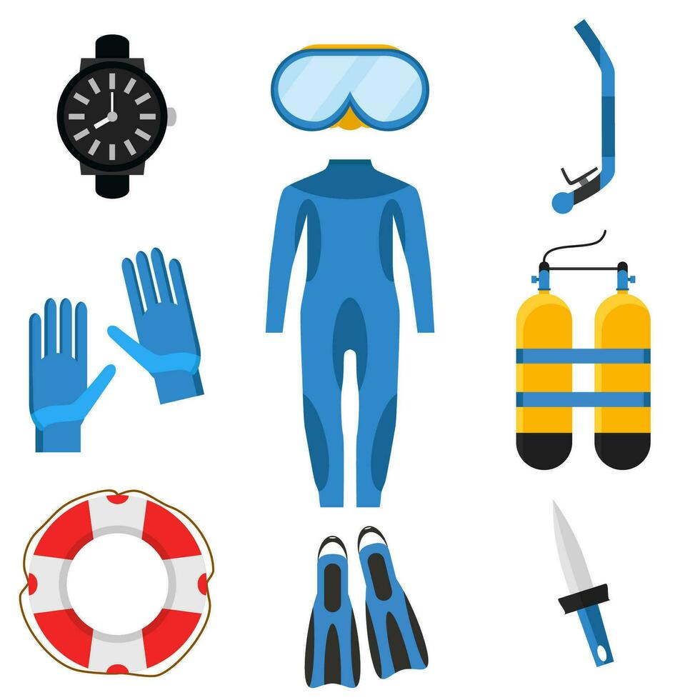 Collection of scuba diving. Diver wetsuit, scuba mask, snorkel, fins, oxygen cylinders, lifebuoy, flippers icons. Underwater activity diving equipment and accessories. Vector illustration