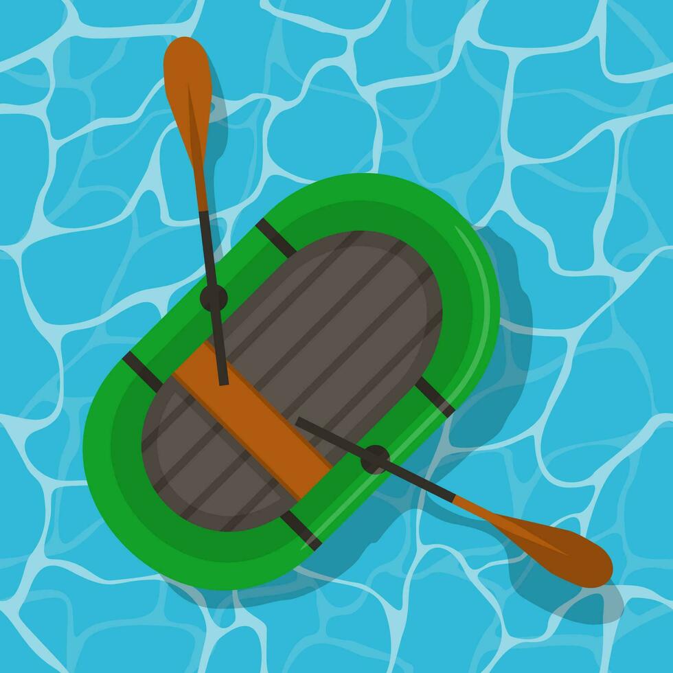 Inflatable boat with paddles on water. Top wiev green rubber boat swim and oars in flat style. Vector Illustration