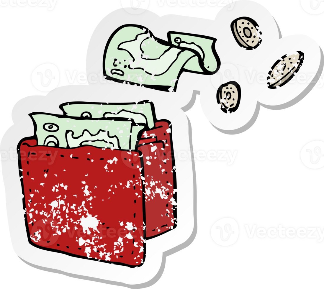 retro distressed sticker of a cartoon wallet spilling money png
