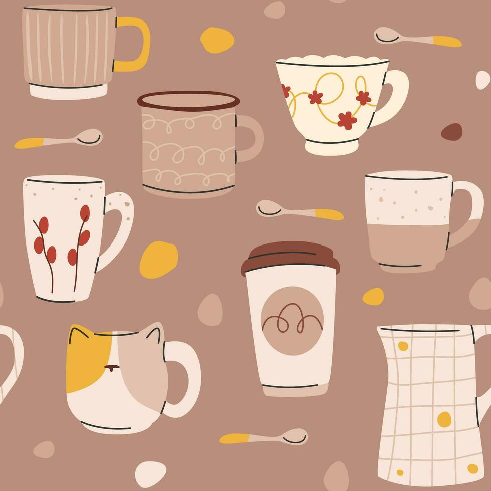 modelo con varios moderno tazas, joyería diseño elementos vector plano ilustración. beige vajilla envase. linda de moda vajilla tazas, tetera y cuchara