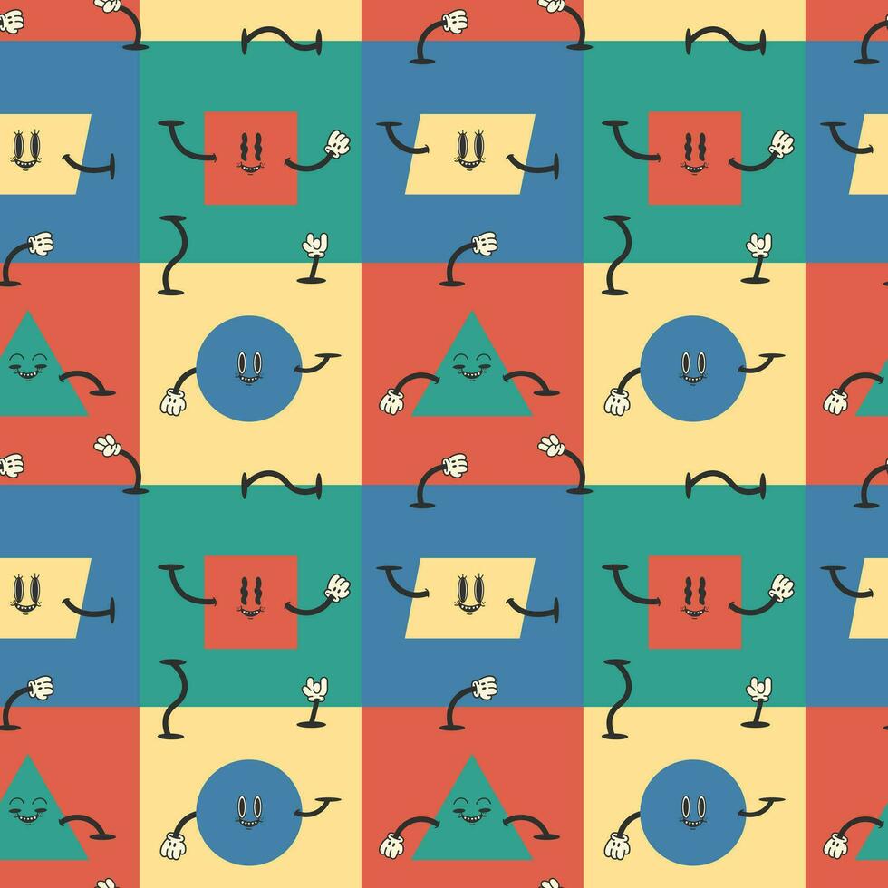 Funny cartoon geometric different shapes with happy emotions. Vector cartoon flat cute characters isolated.Groovy retro style.Geometric shapes pattern,print