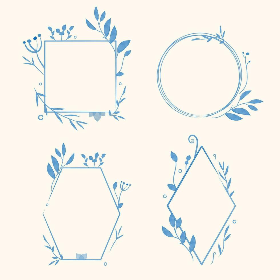 Set of vector hand drawn logo design elements, geometric floral frames,borders,wreaths. Blue watercolor hand drawing