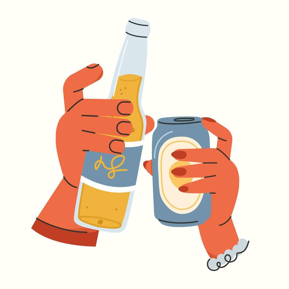Beer cheers.Two hands holding beer bottles vector