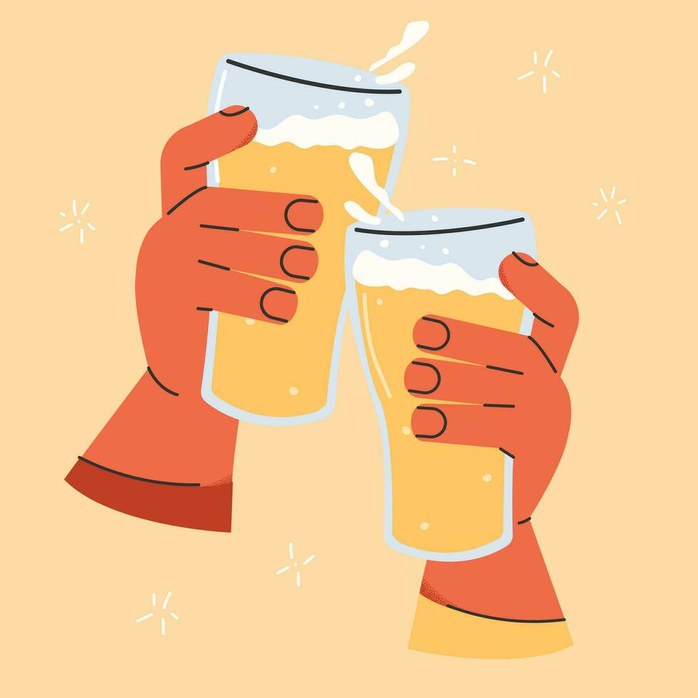 Beer cheers. Two hands hold glasses of beer vector