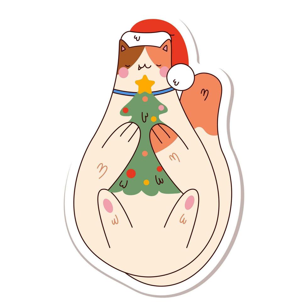 Cute cartoon fat sleepy cat with New Year, Christmas tree vector