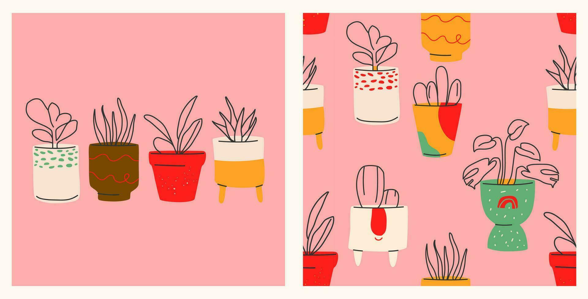 casa plantas en un flor maceta. plantas de interior póster y modelo colocar. de moda dibujado a mano estilo.colorido imprimir, póster, banner.vector vector