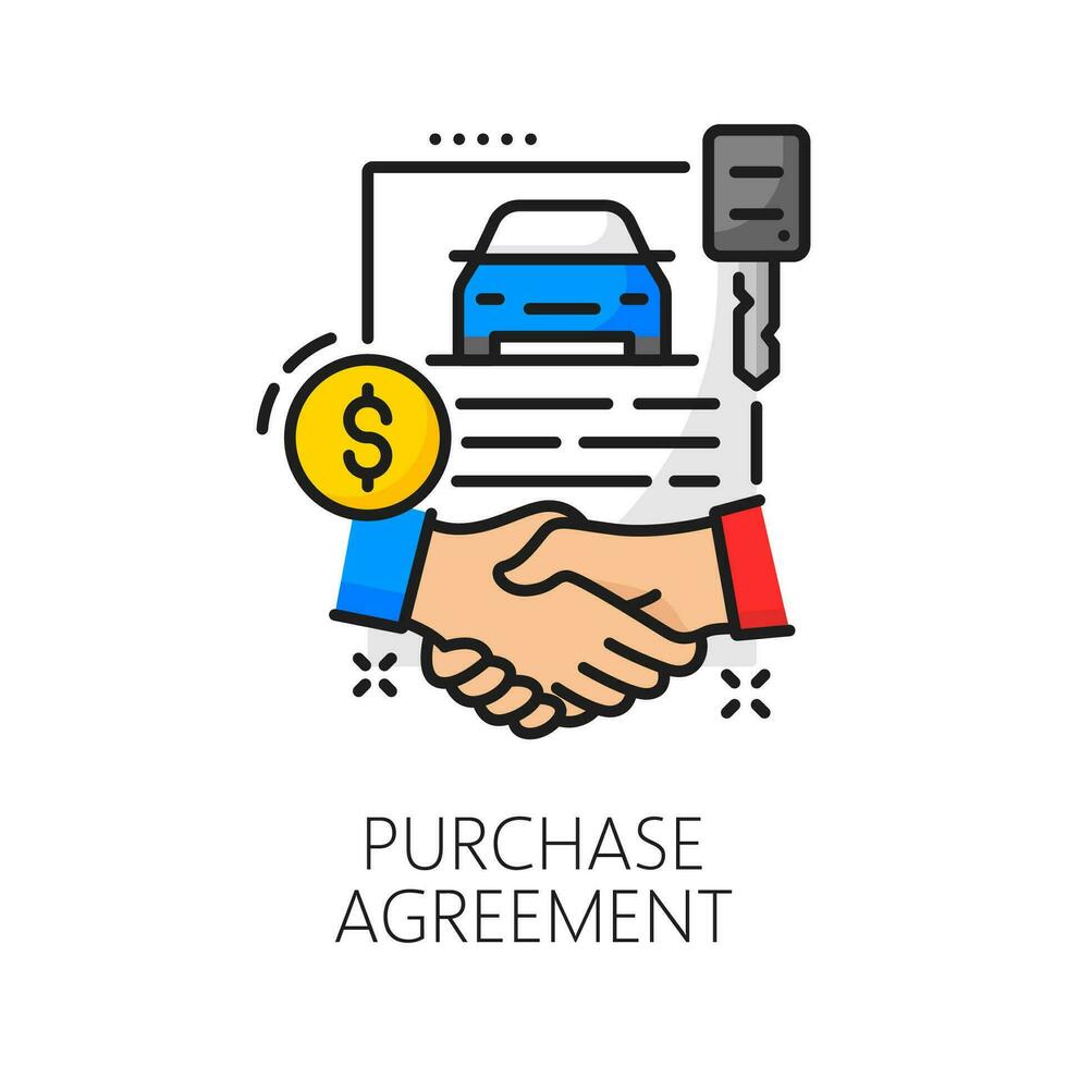 Car purchase agreement line icon, auto dealership vector