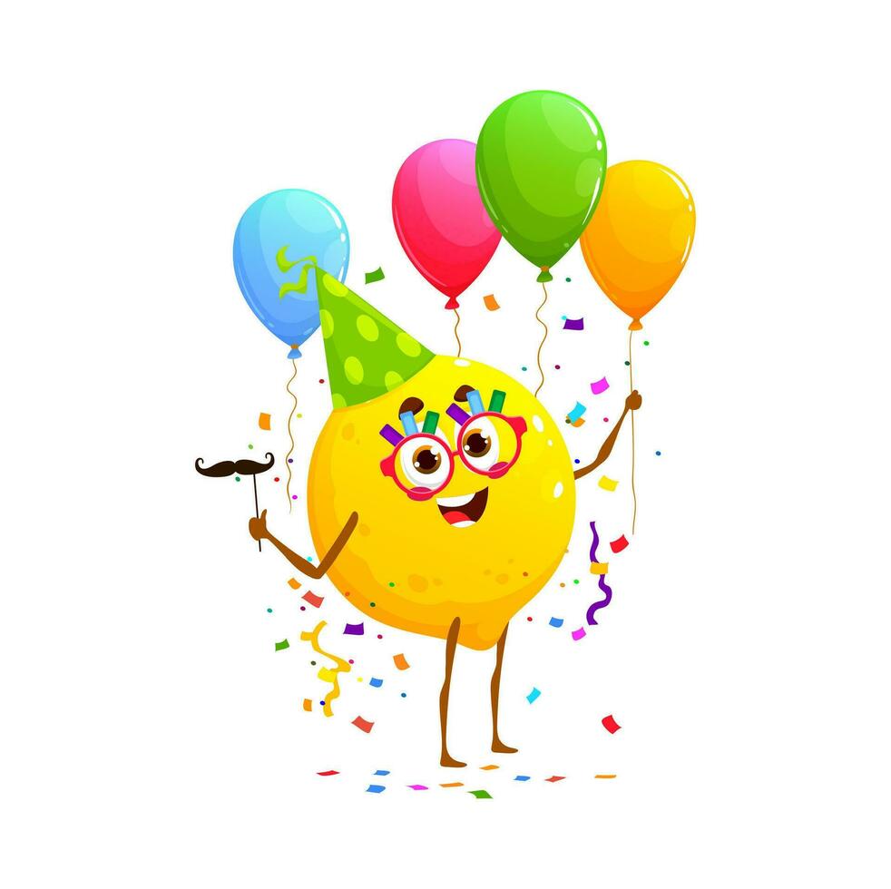 Cartoon cheerful lemon fruit character on birthday vector