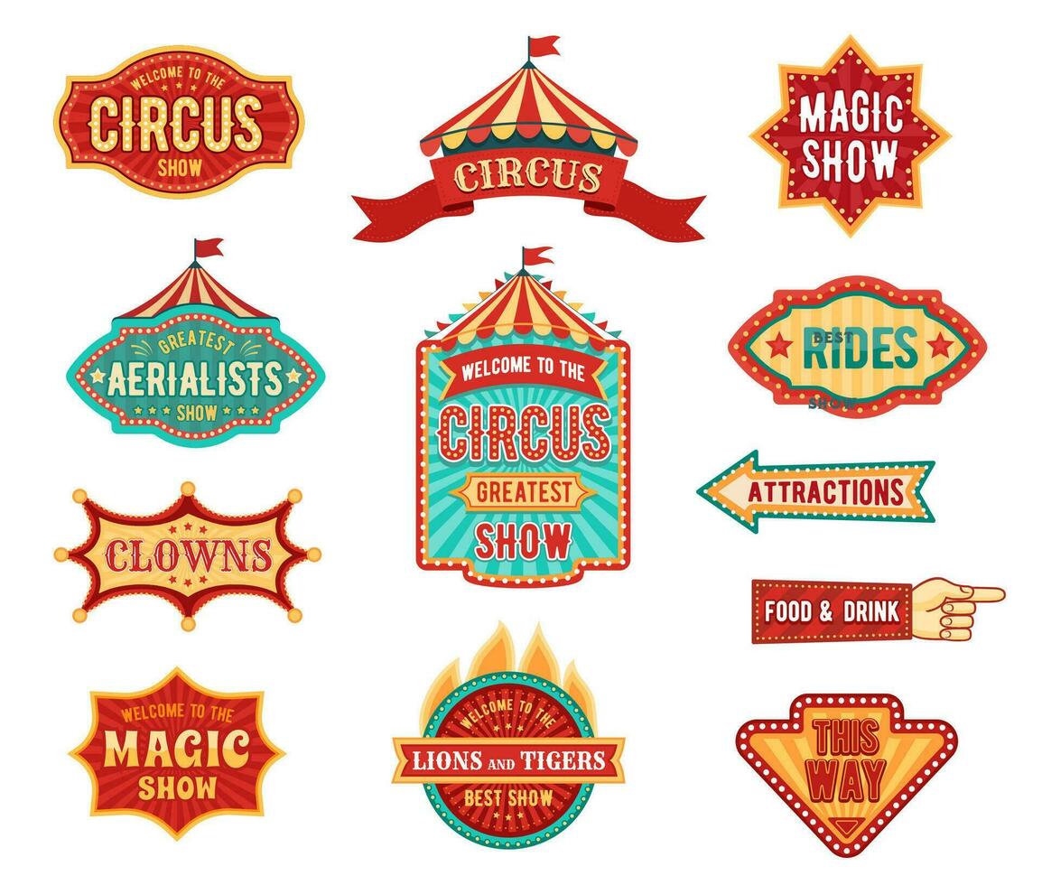 Retro tent circus signs and vintage signboards vector