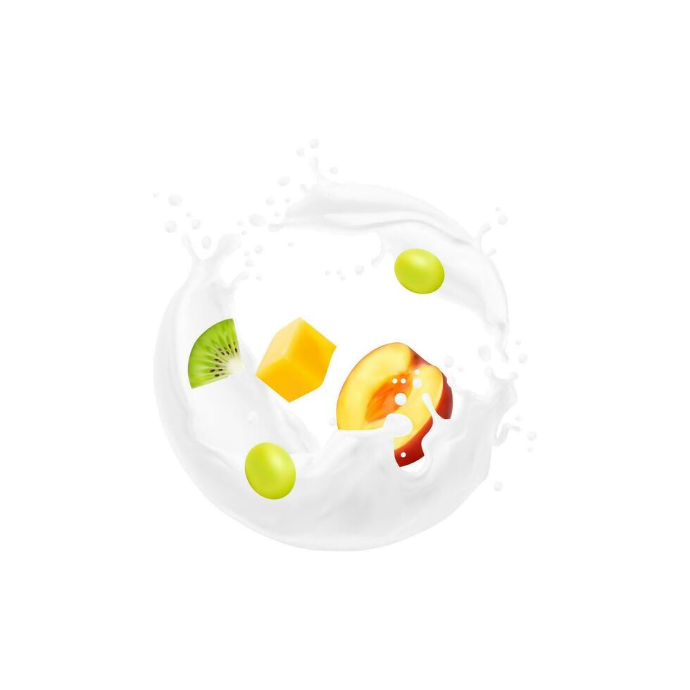 White yogurt drink, milk swirl with tropical fruit vector