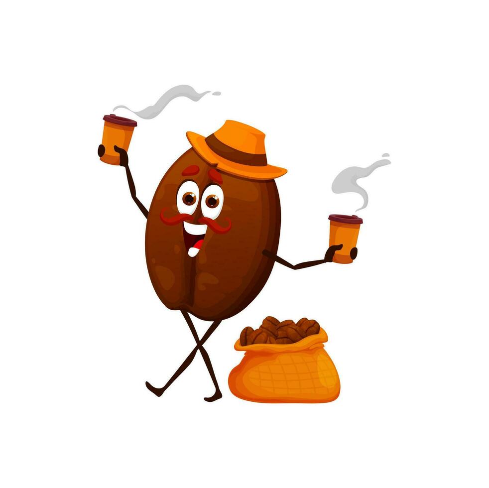 Cartoon happy coffee bean character with hot drink vector