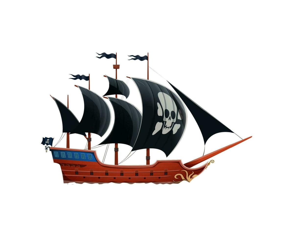 Pirate ship with jolly roger skull and crossbones vector