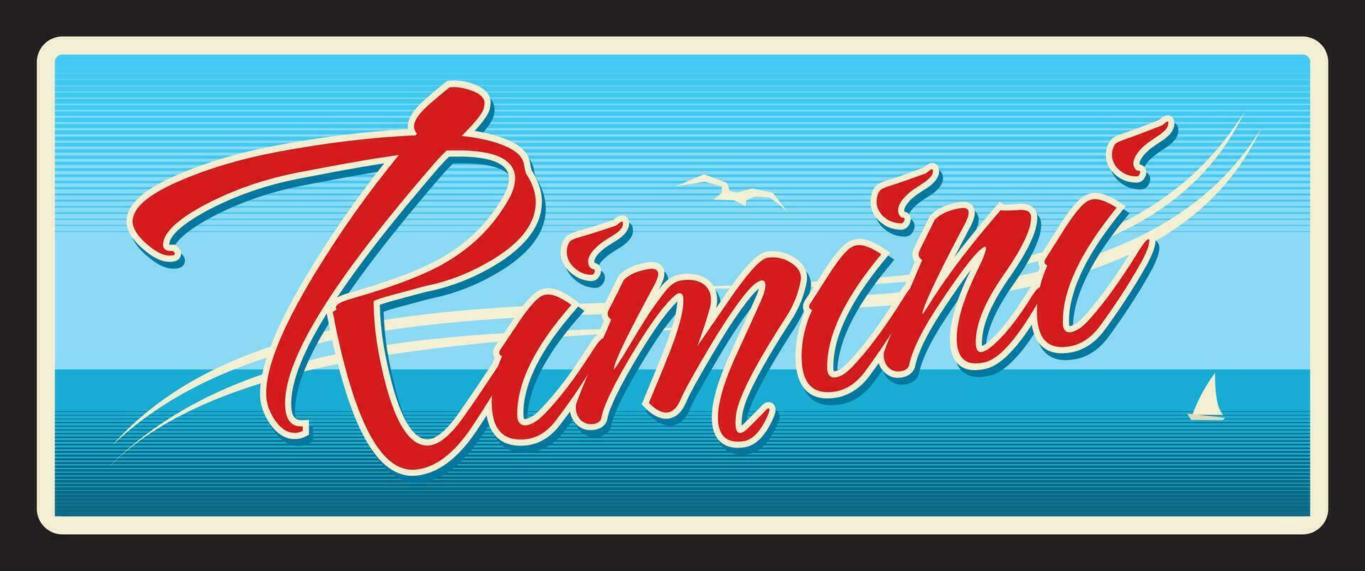 Rimini italian city retro travel plate, sea view vector