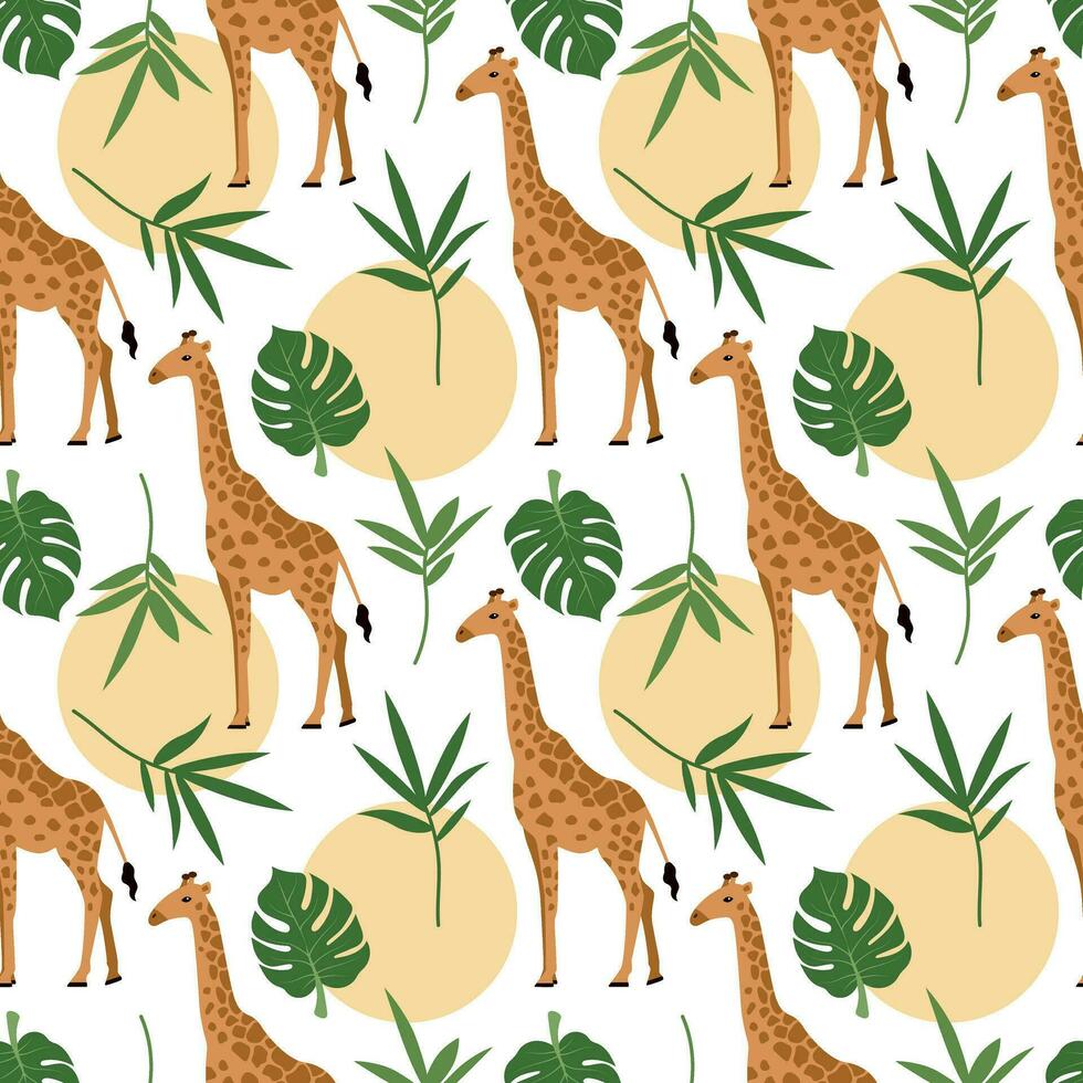 Seamless giraffe pattern. Monstera and palm leaves, sun, giraffe. Savannah wild life for your design. vector