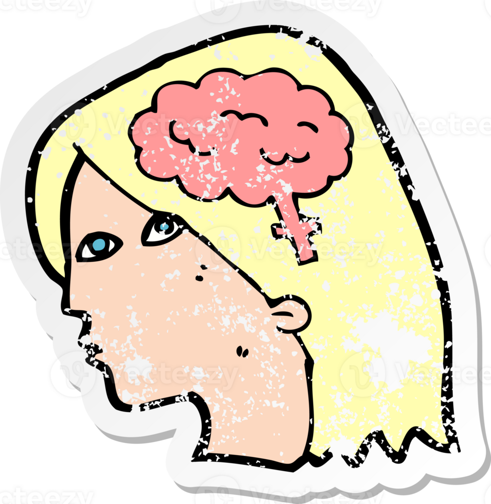 retro distressed sticker of a cartoon female head with brain symbol png