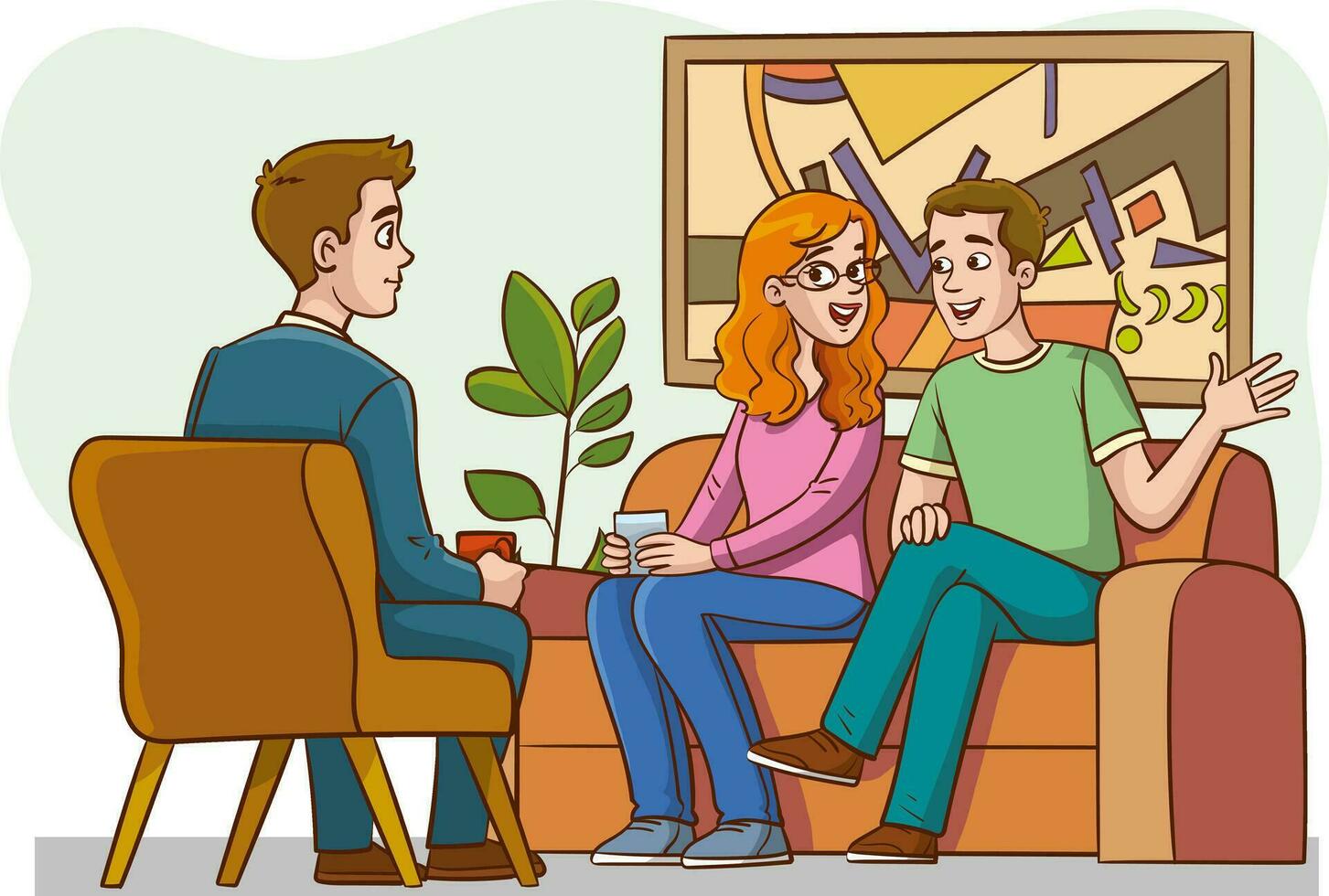 vector ilustración de un Pareja sentado en sofá y hablando a un psicólogo