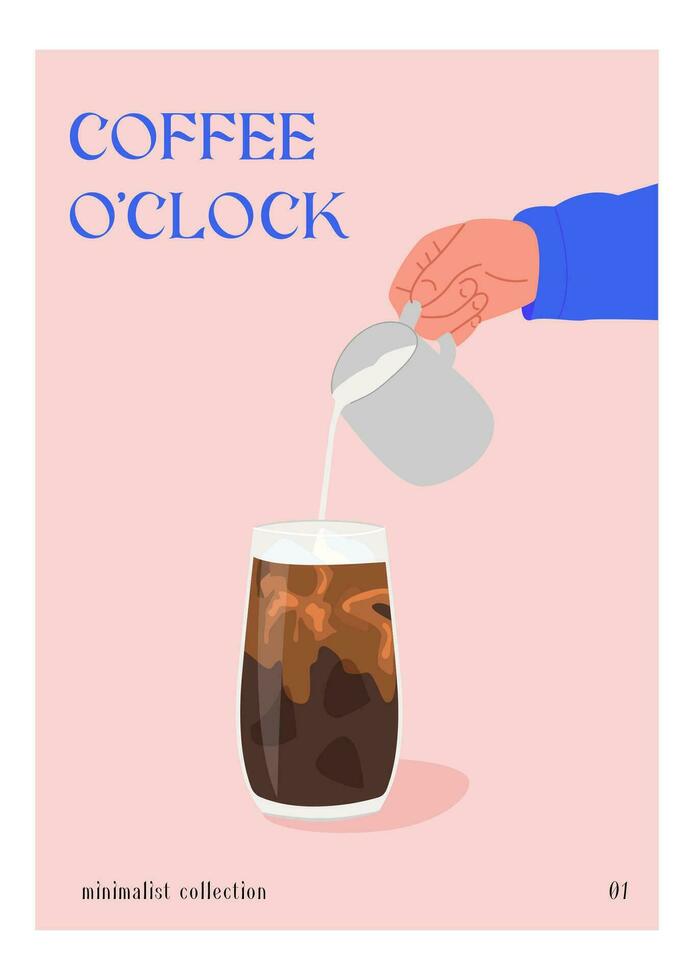 de moda minimalista póster. barista mano torrencial Leche en negro hielo café o té. moderno impresión con texto o bandera para café o café tienda. vector plano estilo ilustración.