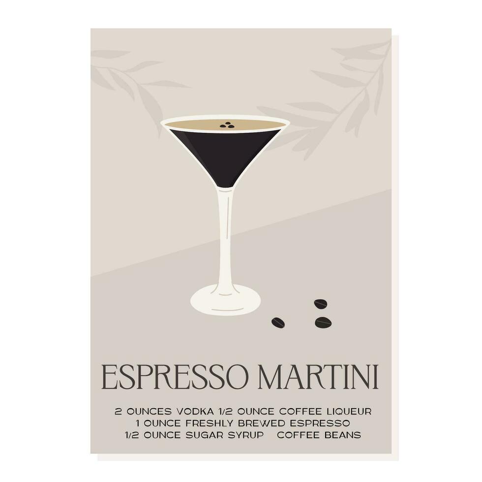 Espresso Martini Cocktail in glass garnished with coffee beans. Retro print with recipe of aperitif. Wall art poster with alcoholic beverage and tree branch shadows on background. Vector illustration.