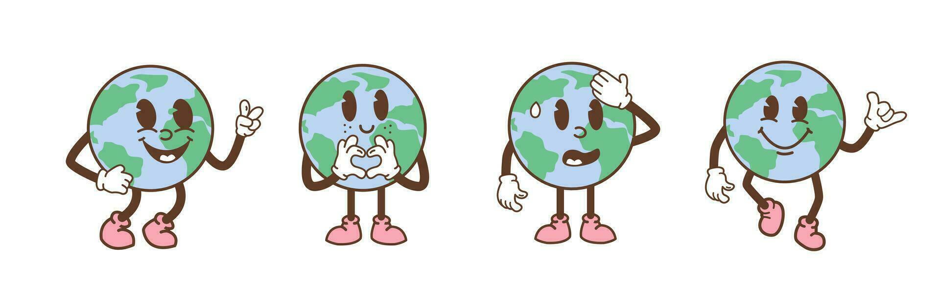 Set of earth characters in trendy retro cartoon style. Funny comic globe with different face expression. Vintage planet mascot with arms and legs. Vector illustration isolated on white background.