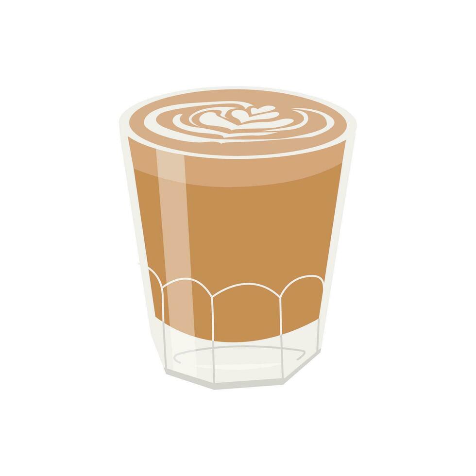 Cup of hot fresh cappuccino. Mug of brown arabic coffee with foam and latte art on top. Colored flat hand drawn vector illustration isolated on white background.