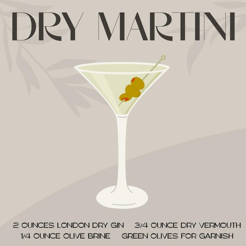 Dry Martini Cocktail in glass with ice and lemon twist. Summer aperitif recipe retro elegant poster. Print with alcoholic beverage decorated with lemon twist and olive tree on background. Vector. vector