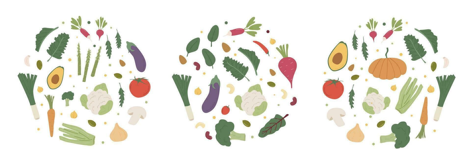 Set of organic vegetables in round circles. Collection of fresh local farm veggies. Healthy vegetarian food poster template. Seasonal vegan menu, cooking ingredients. Flat style vector illustration.