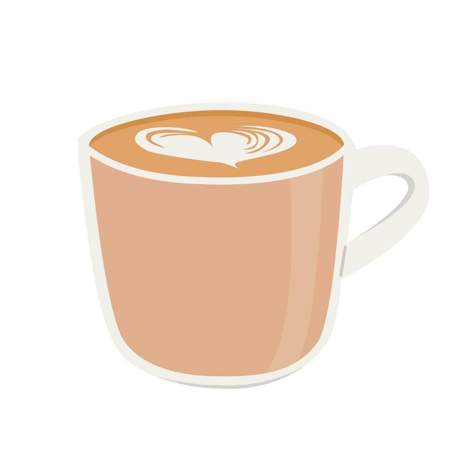 Cup of hot fresh cappuccino. Mug of brown arabic coffee with foam and latte art on top. Colored flat hand drawn vector illustration isolated on white background.