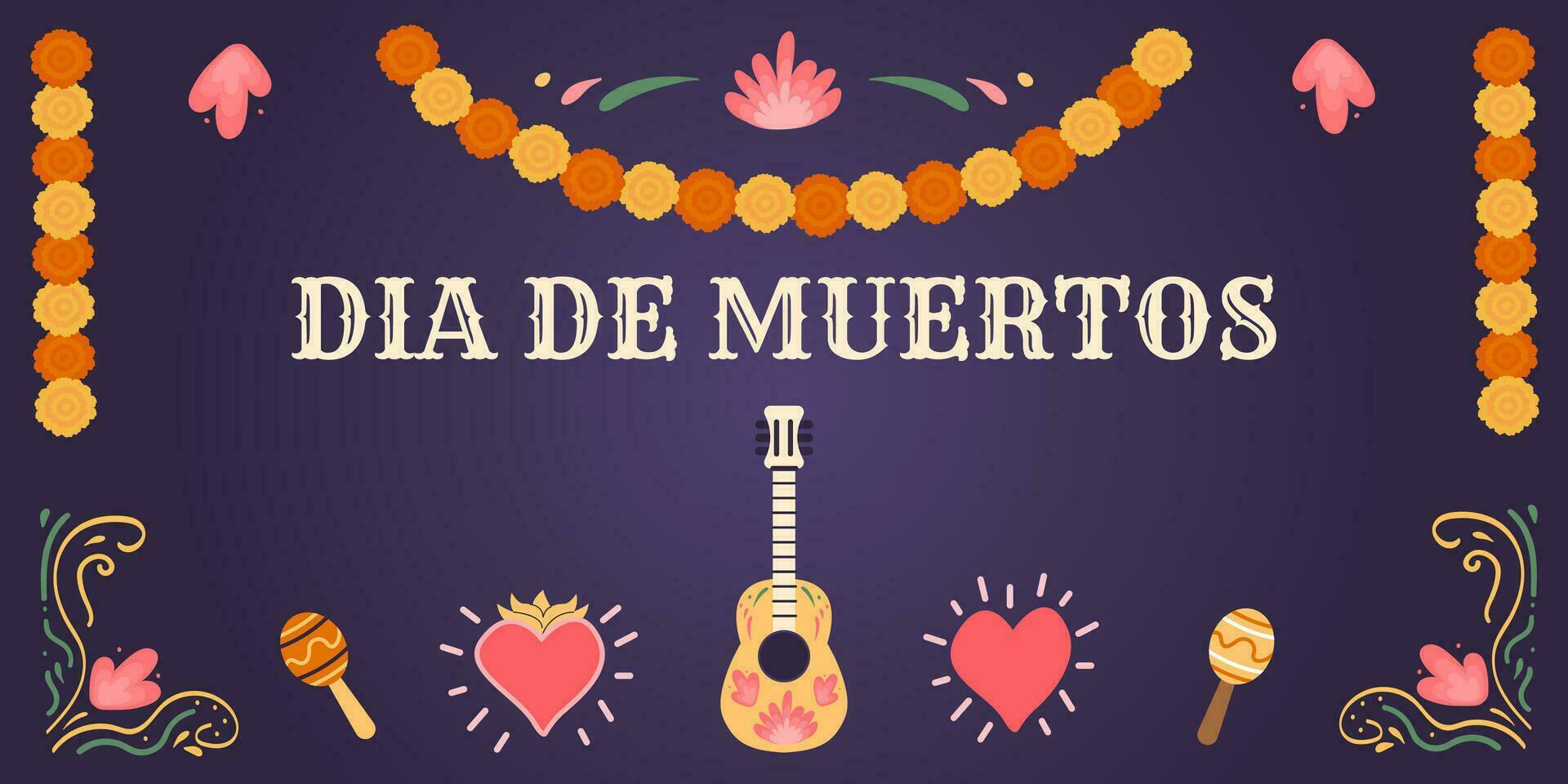 dia Delaware los muertos. horizontal bandera con ofrenda tradicional altar con vela y pan Delaware muertos. papel banderas papel picado guirnaldas decoración y maracas mexicano fiesta día de el muerto. vector. vector