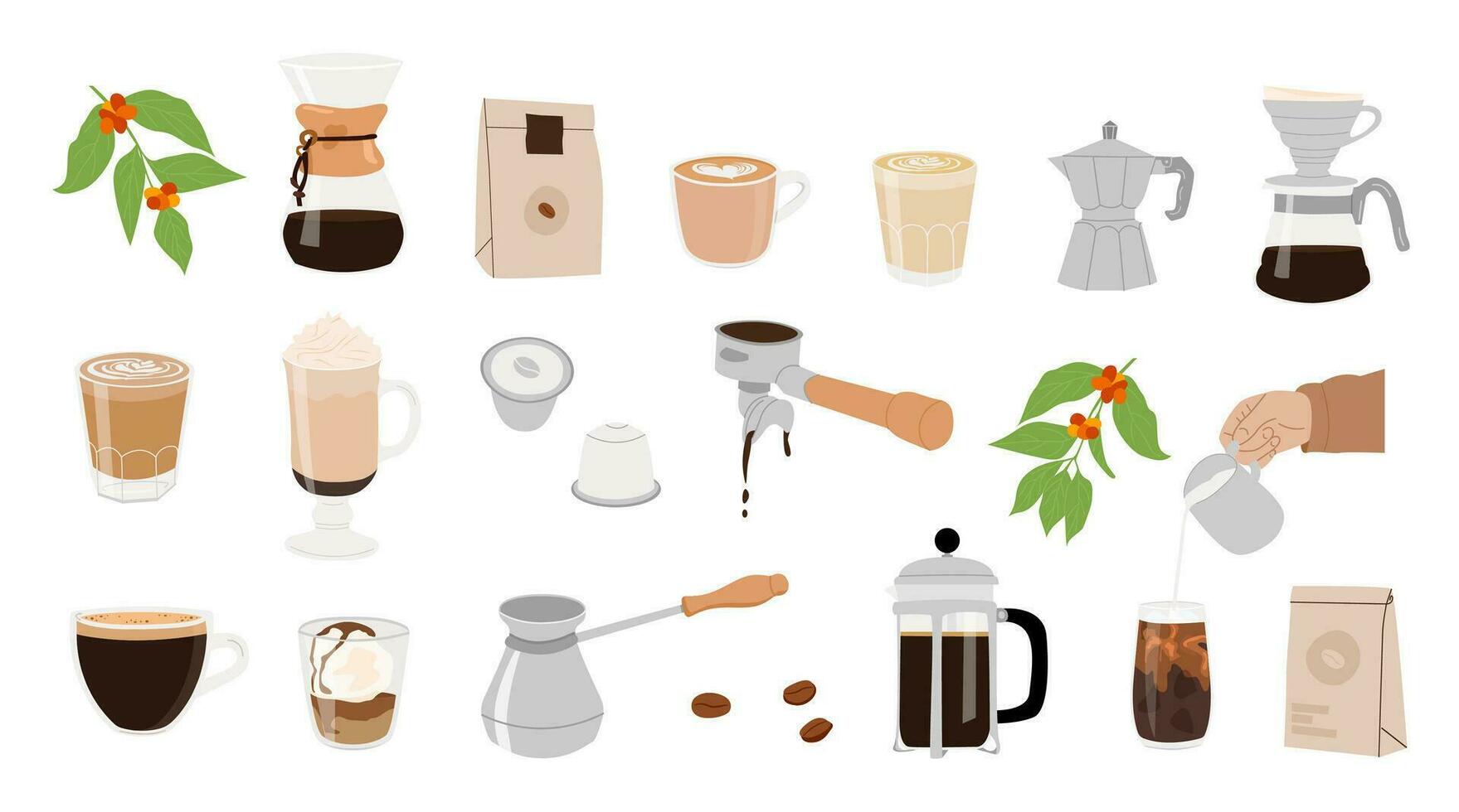 colección de café equipo para manual elaborar cerveza métodos aislado vector imágenes prediseñadas mano dibujado ilustraciones para café tienda. diferente tipo de café tazas, verter encima, francés prensa, aeropress, sifón.