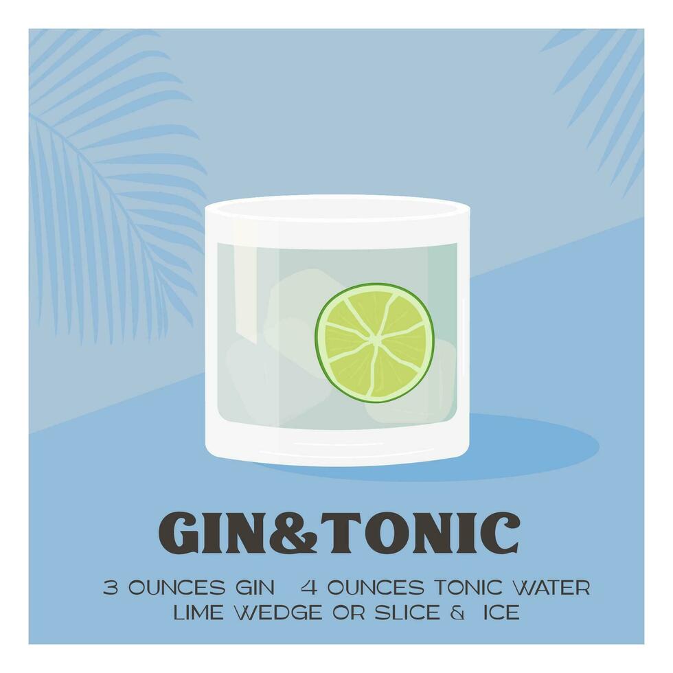 Gin Tonic Cocktail garnished with slice of lime and rosemary twigs. Summer aperitif trendy poster. Minimalist print with alcoholic beverage on background with palm shadow. Vector flat illustration.