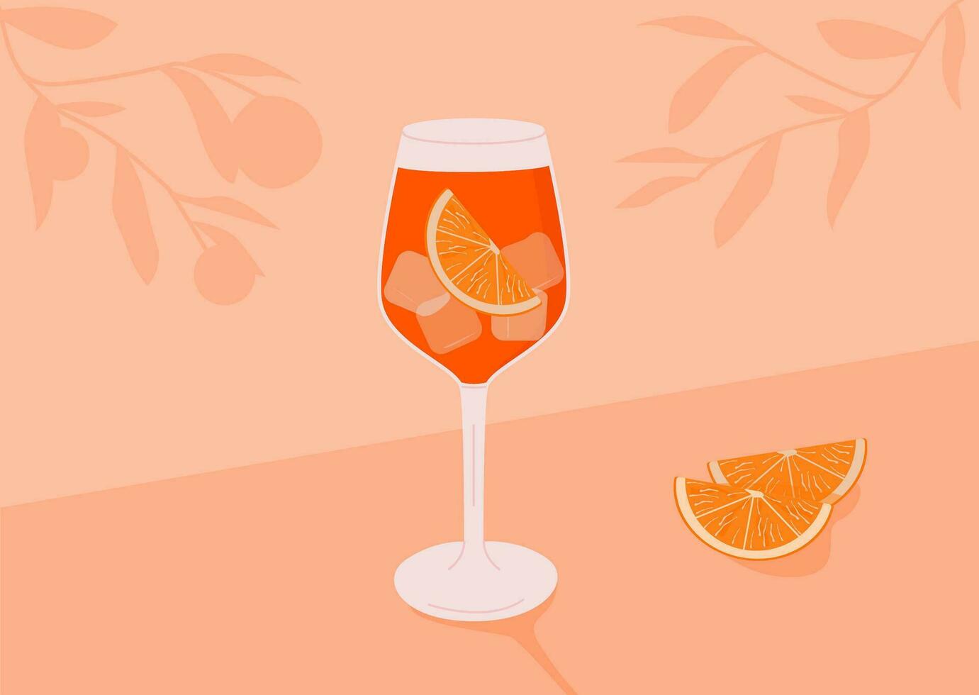 Campari Spritz Cocktail in glass with ice and slice of orange. Summer Italian aperitif retro poster. Wall art with alcoholic beverage decorated with orange wedges and citrus tree on background. Vector