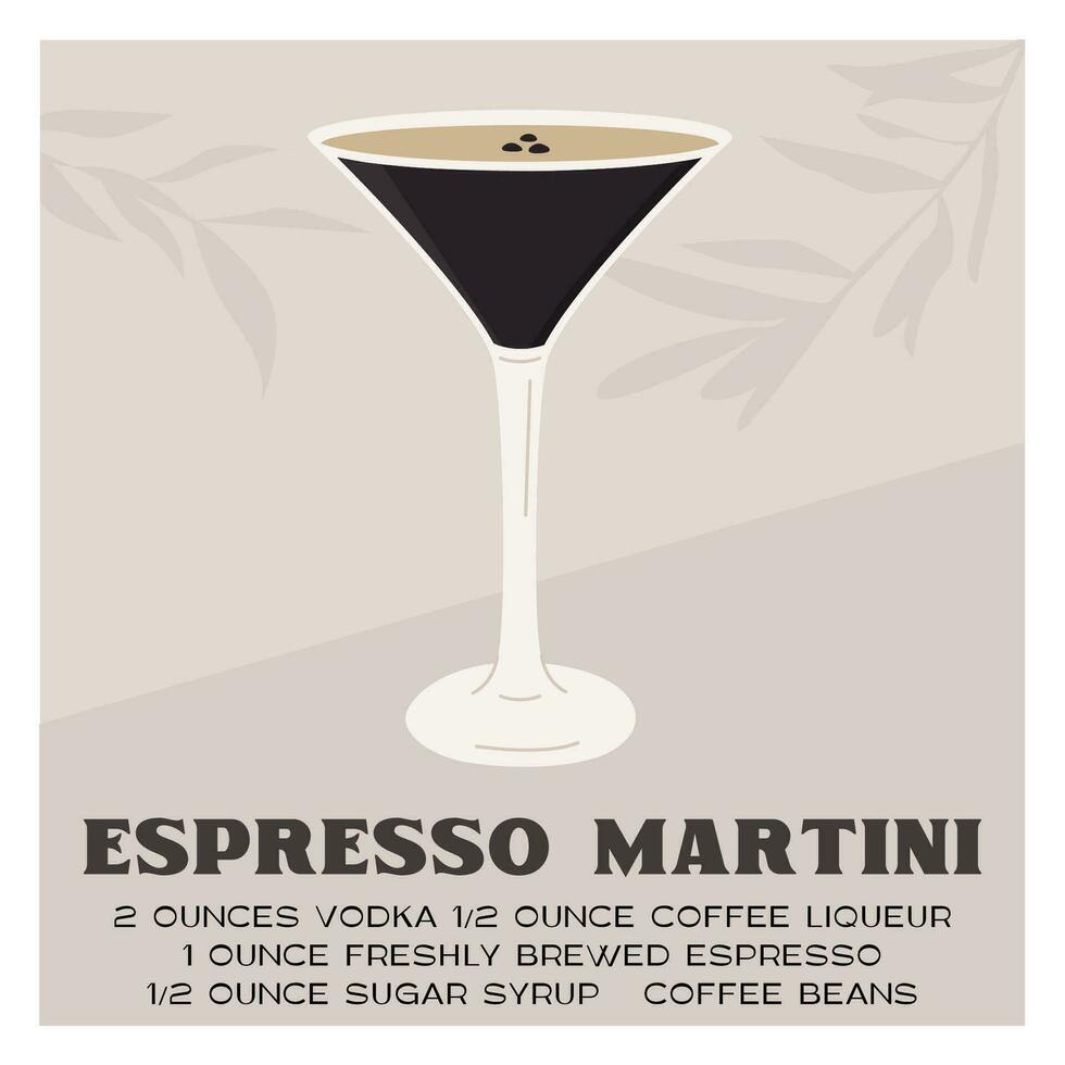 Espresso Martini Cocktail in glass garnished with coffee beans. Retro print with recipe of aperitif. Wall art poster with alcoholic beverage and tree branch shadows on background. Vector illustration.