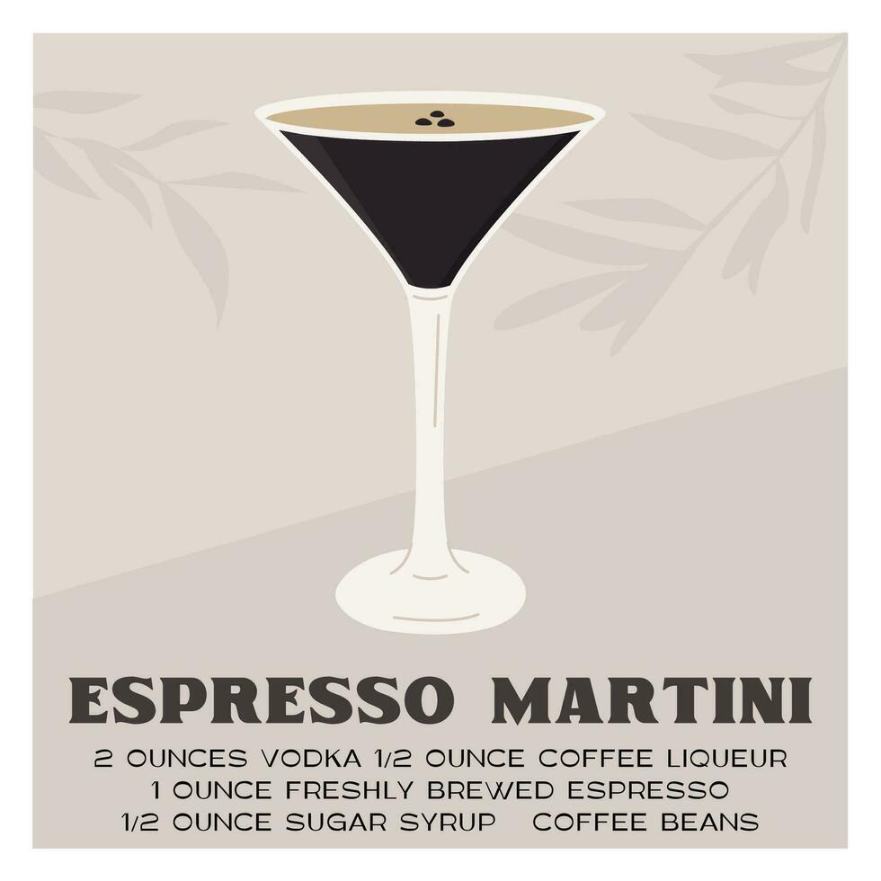 Café exprés martini cóctel en vaso adornado con café frijoles. retro impresión con receta de aperitivo. pared Arte póster con alcohólico bebida y árbol rama oscuridad en antecedentes. vector ilustración.