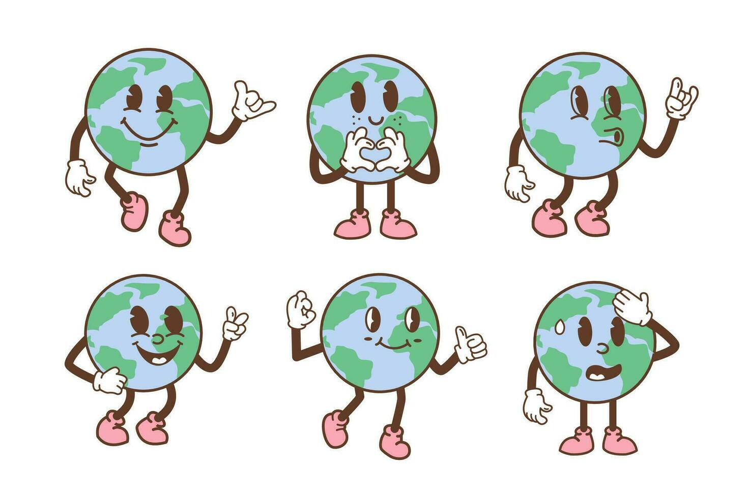 Set of earth characters in trendy retro cartoon style. Funny comic globe with different face expression. Vintage planet mascot with arms and legs. Vector illustration isolated on white background.