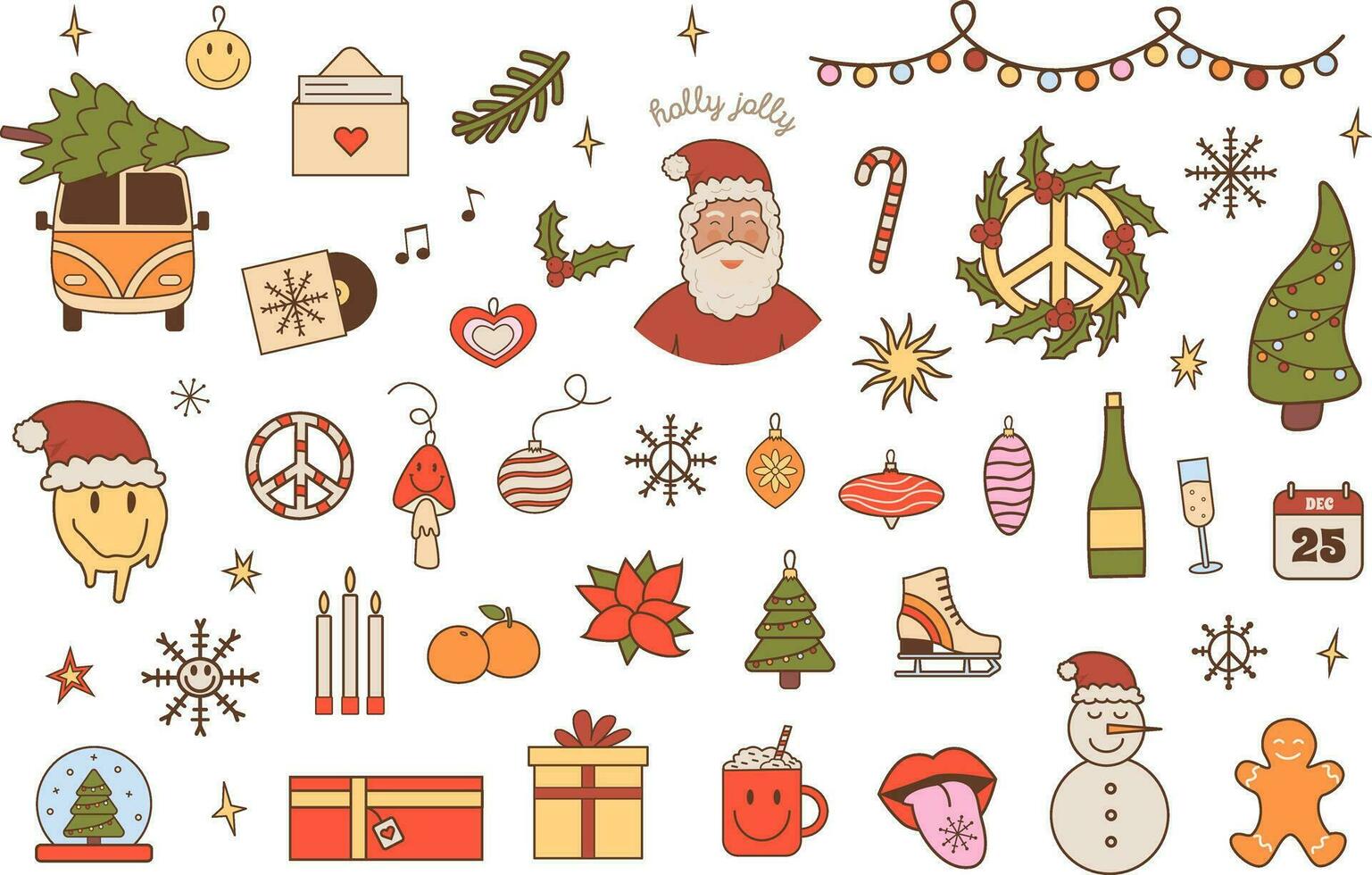 Merry Christmas and happy New Year vector collection in 60s 70s retro style. Groovy winter holiday elements. Sticker pack with positive hippie xmas icons. Vector illustration isolated on white.