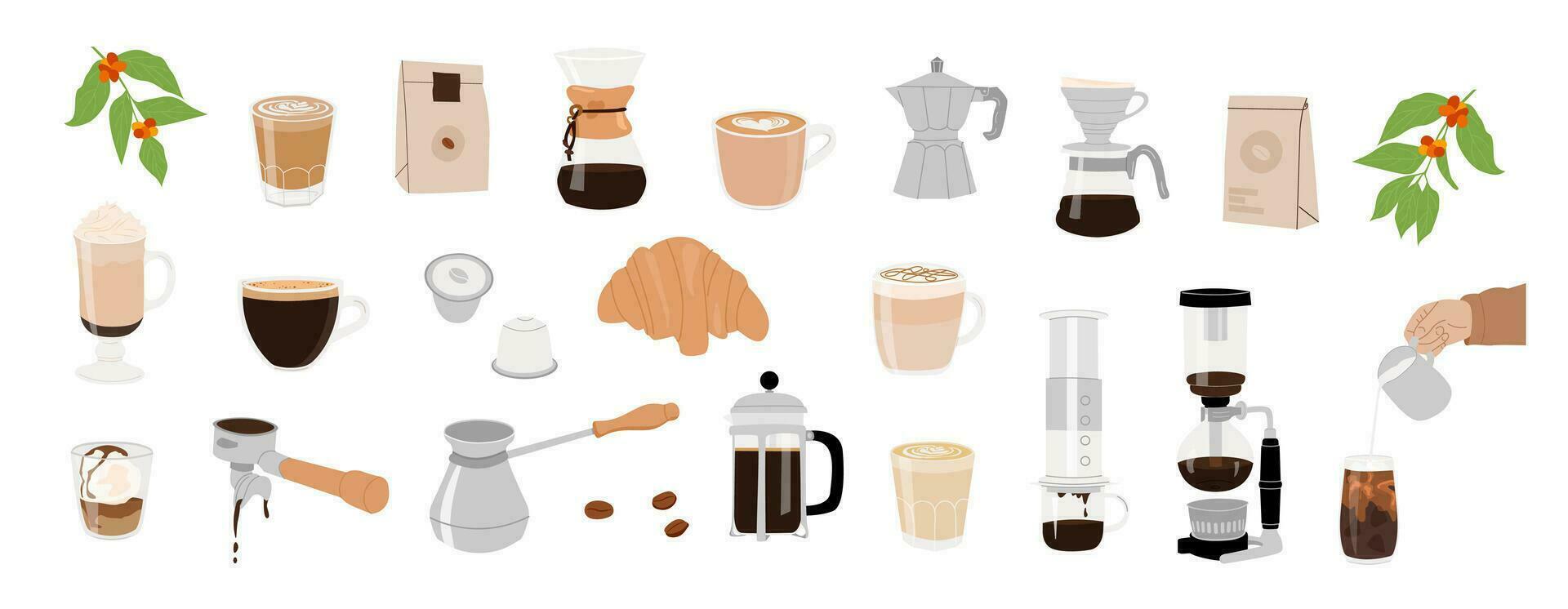 colección de café equipo para manual elaborar cerveza métodos aislado vector imágenes prediseñadas mano dibujado ilustraciones para café tienda. diferente tipo de café tazas, verter encima, francés prensa, aeropress, sifón.