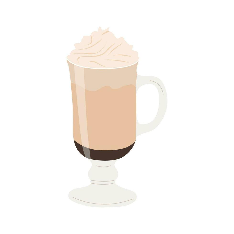 Mocha in transparent glass. Mocaccino chocolate flavoured warm beverage. Coffee with steamed milk and sweetened whipped cream on top. Colored flat vector illustration in trendy minimalist style.