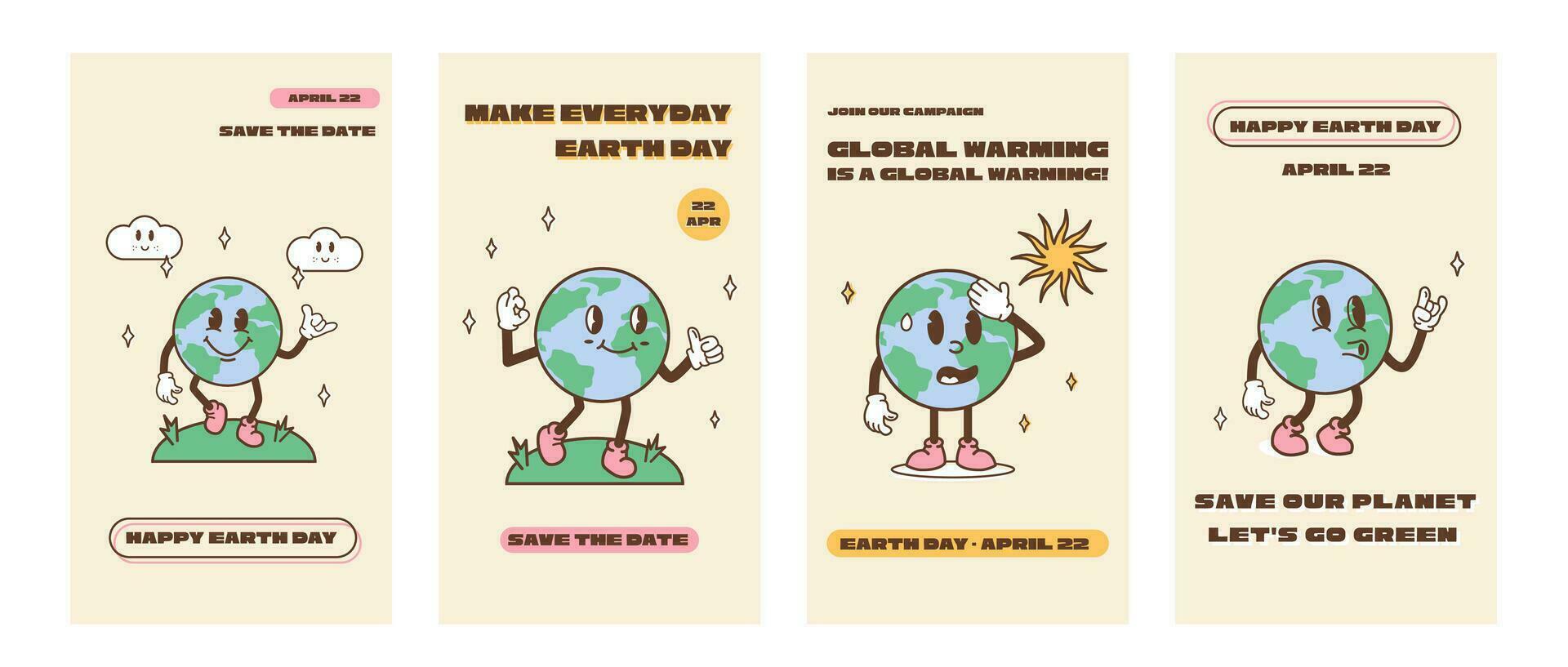 Set for Happy Earth Day social media ig stories template. Vintage nostalgia cartoon planet earth mascot with environmental problem slogan. Recycle concept story or banner. Retro vector illustration.