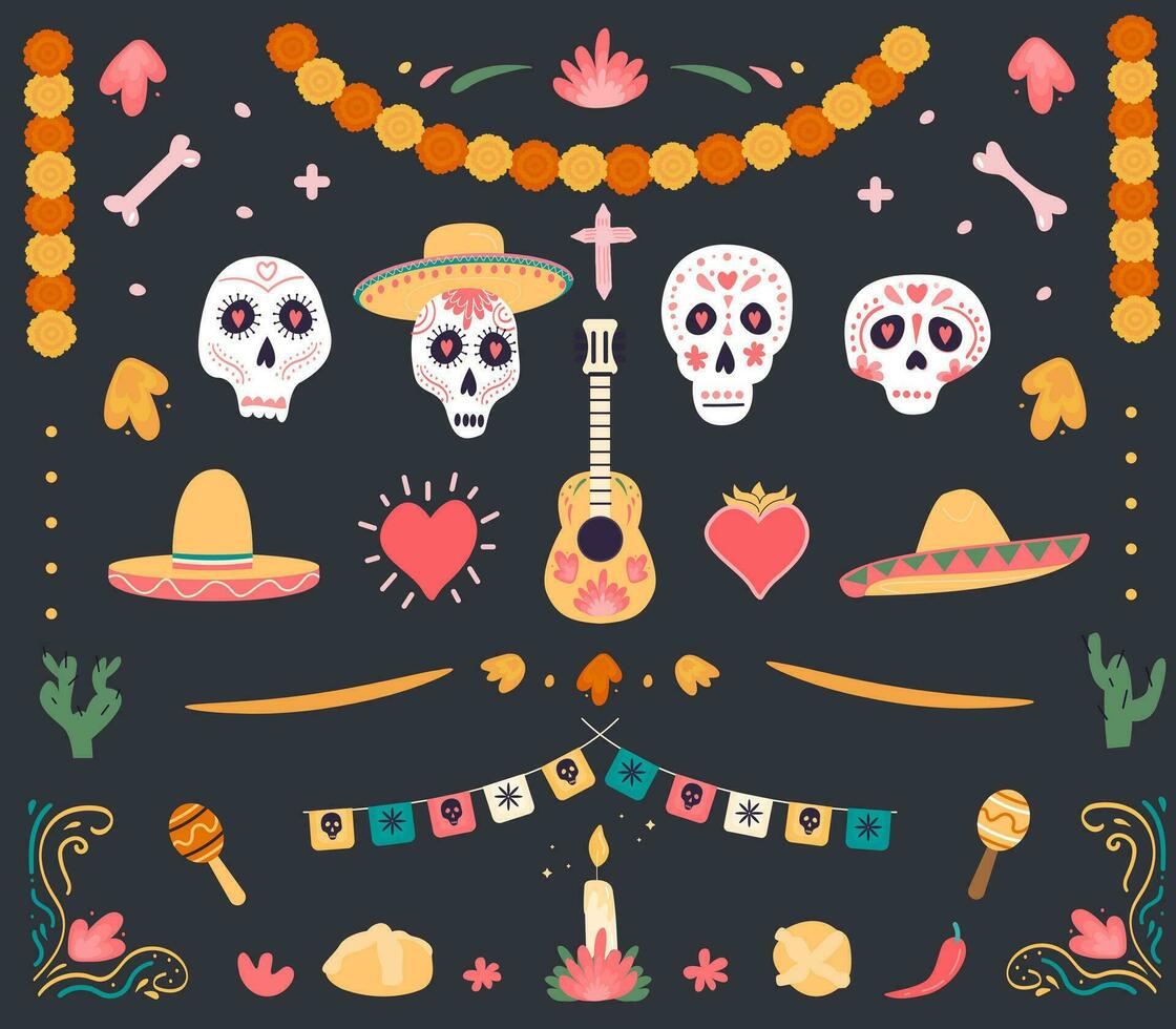 Dia de los muertos. Horizontal banner with ofrenda traditional altar with candle and pan de muertos. Paper flags papel picado garlands decoration and maracas. Mexican holiday Day of the dead. Vector. vector