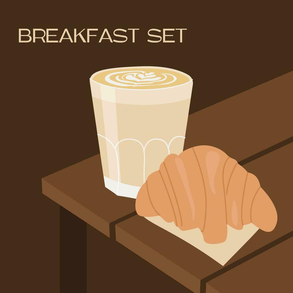 Contemporary square card template with latte cup and croissant on table at cafe. Coffee shop scene with milk coffee. Trendy minimalist poster for french breakfast promo. Vector flat style illustration