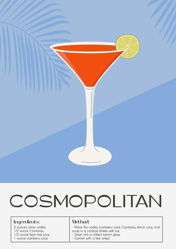 cosmopolita cóctel en martini vaso adornado con Lima rueda. verano aperitivo receta retro minimalista impresión. alcohólico bebida con tropical palma sombra en antecedentes. vector plano ilustración.