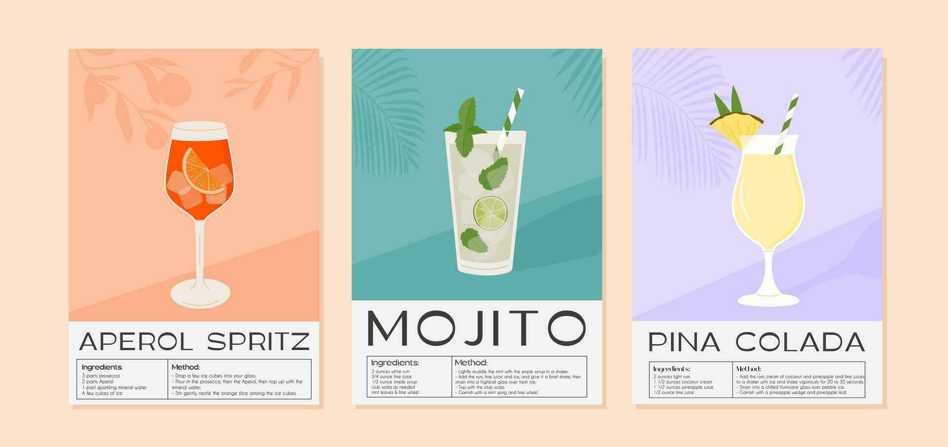 Mojito, Aperol Spritz and Pina Colada Cocktail recipe with ingredient. Summer aperitif with ice. Garnished alcoholic beverage graphic print. Minimalist contemporary vertical print. Vector illustration