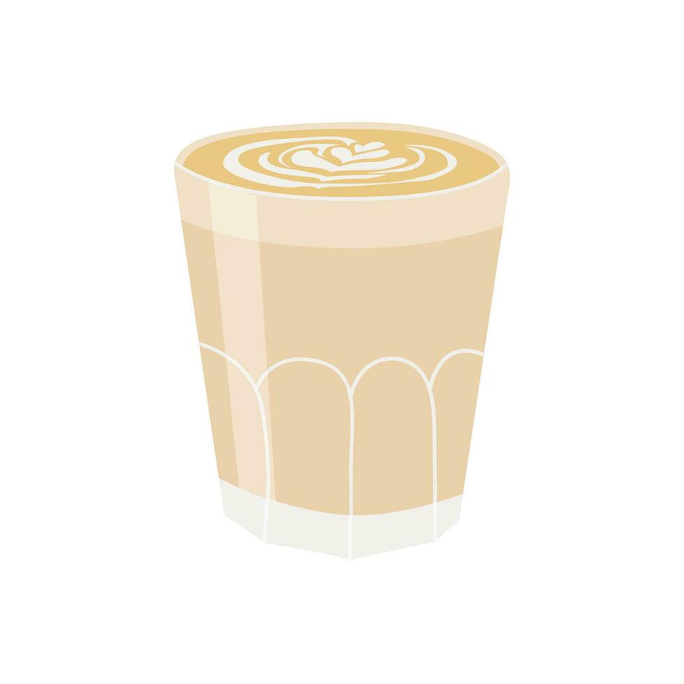 Cup of hot fresh cappuccino. Mug of brown arabic coffee with foam and latte art on top. Colored flat hand drawn vector illustration isolated on white background.